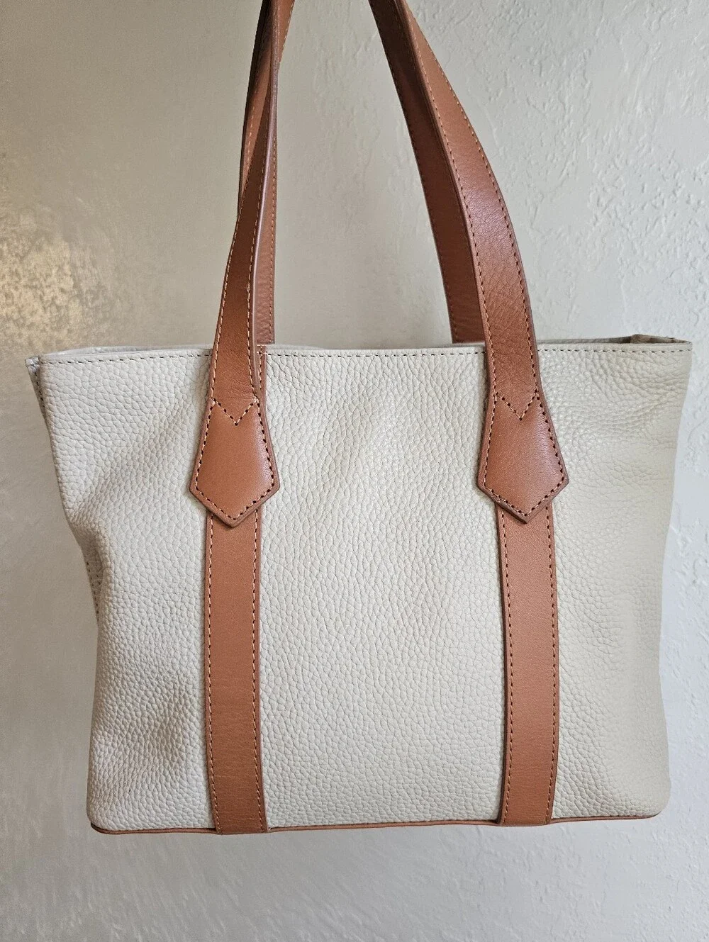 VALENTINA Italy Cream Pebbled Leather Tote Bag with Tan Straps